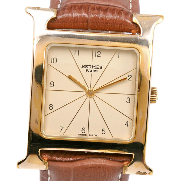【HERMES】エルメス
 Ｈウォッチ 腕時計
 ラムサス RS1.501 ステンレススチール×金メッキ×レザー 茶 クオーツ アナログ表示 ゴールド文字盤 H watch メンズ
