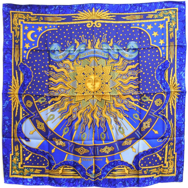 HERMES] Hermes Carre 90 CARPE DIEM Silk Blue Ladies Scarf S rank