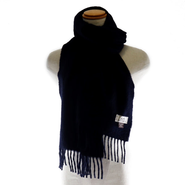 【新品未使用】HERMES ネイビー パープル マフラー　エルメス　カシミヤ HERMES エルメス マフラー リバーシブル Hロゴ ネイビー系