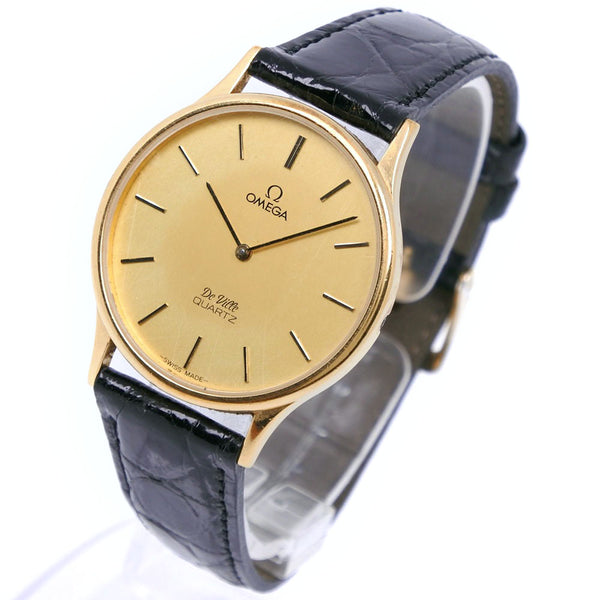 【OMEGA】オメガ, デビル/デヴィル 金メッキ×レザー 黒 クオーツ アナログ表示 メンズ ゴールド文字盤 腕時計