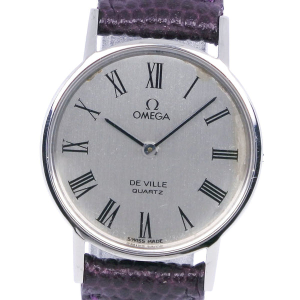 【OMEGA】オメガ, デヴィル/デビル ステンレススチール×レザー 紫 クオーツ アナログ表示 レディース シルバー文字盤 腕時計