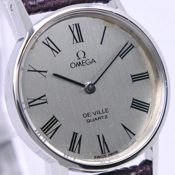 【OMEGA】オメガ, デヴィル/デビル ステンレススチール×レザー 紫 クオーツ アナログ表示 レディース シルバー文字盤 腕時計