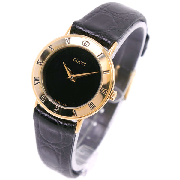 【GUCCI】グッチ, 3000.2.L 腕時計, ステンレススチール×レザー ゴールド クオーツ レディース 黒文字盤 腕時計