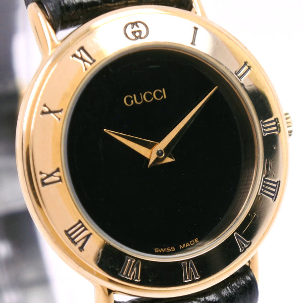 【GUCCI】グッチ, 3000.2.L 腕時計, ステンレススチール×レザー ゴールド クオーツ レディース 黒文字盤 腕時計