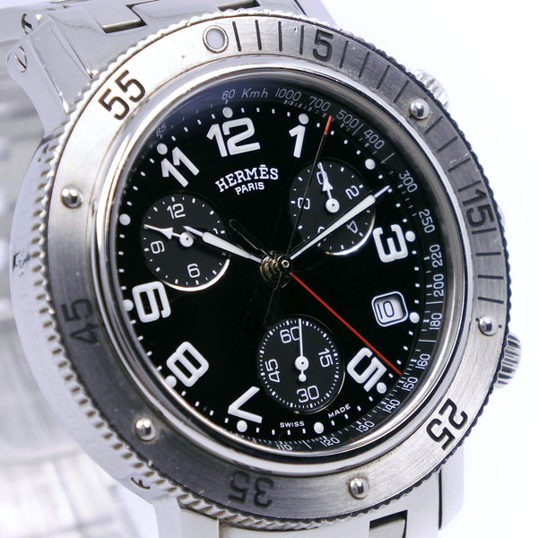 【HERMES】エルメス, クリッパーダイバー CL2.910 ステンレススチール シルバー クオーツ クロノグラフ メンズ 黒文字盤 腕時計,  A-ランク