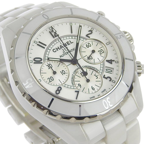 【CHANEL】シャネル, J12 H1007 ホワイトセラミック 自動巻き クロノグラフ メンズ 白文字盤 腕時計, A-ランク