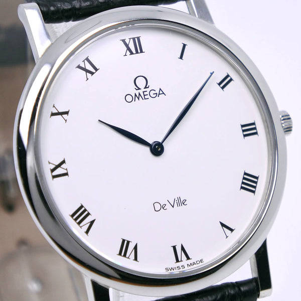 【OMEGA】オメガ, デビル/デヴィル 7600.23.01 ステンレススチール×レザー 黒 クオーツ アナログ表示 メンズ 白文字盤 腕時計,  A-ランク