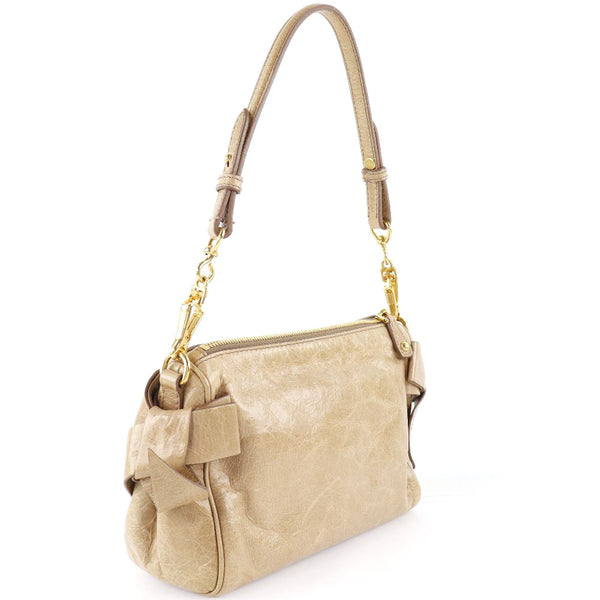 [MIUMIU] Miu Miu, One -shoulder accessories pouch side ribbon 5N1557  leather camo beige ladies shoulder bag