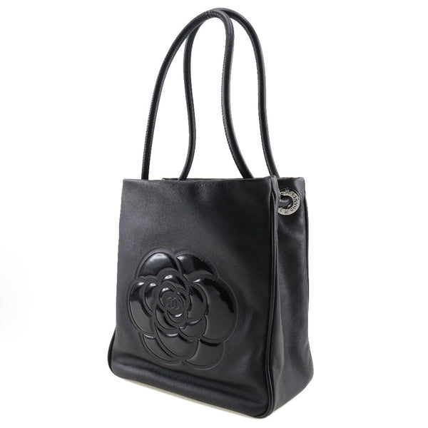 CHANEL】シャネル カメリア トートバッグ ロゴ ラムスキン×エナメル 黒