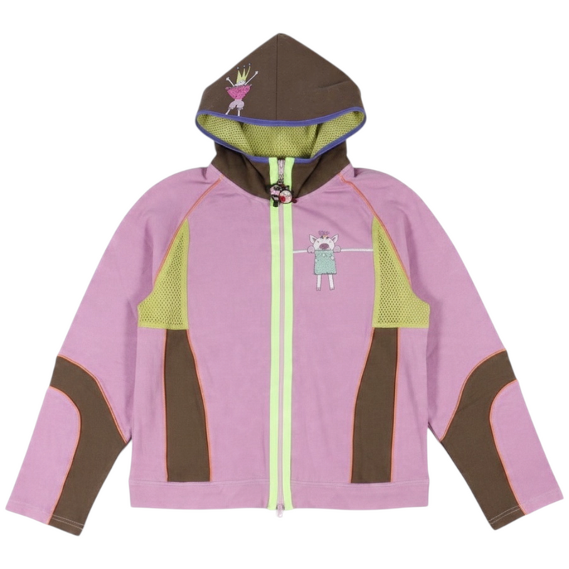 NISHIKINO VINTAGE KYOTOのオレボレブラ製ピンクのぶたさんパーカー。コットン混素材で、フードとフロントに可愛いキャラクター刺繍が施されたジップアップデザイン。