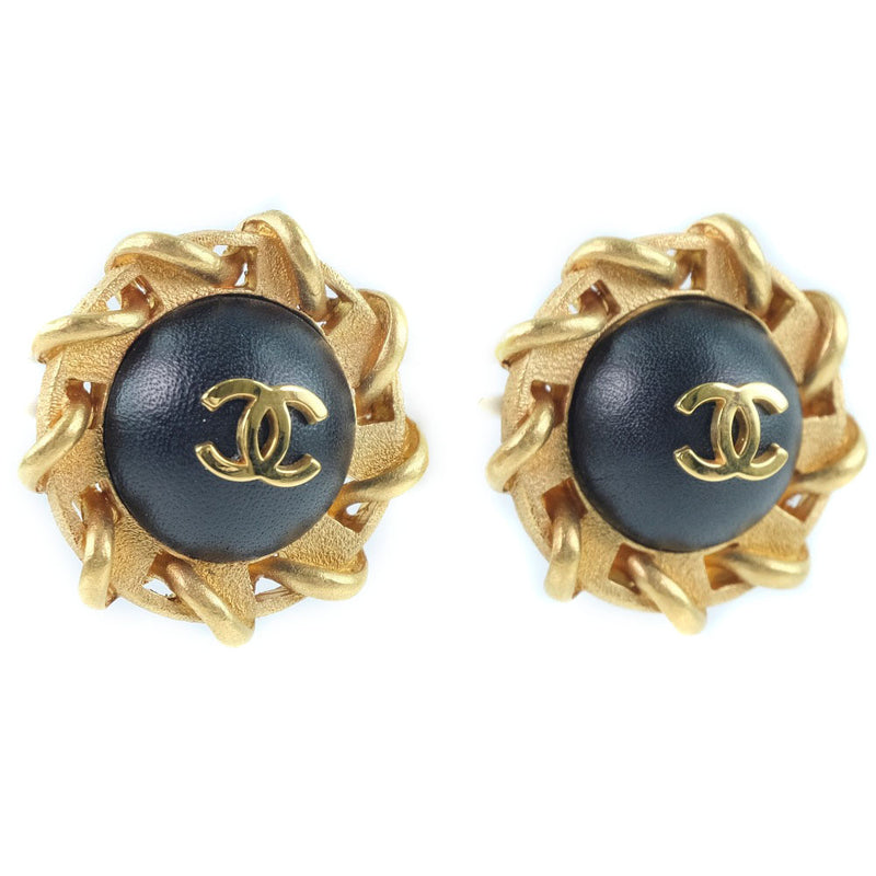 [CHANEL] Chanel COCO Mark Earring Plated Gold× Leather Gold 94P engraved about 24.1g COCO Mark Ladies A rank