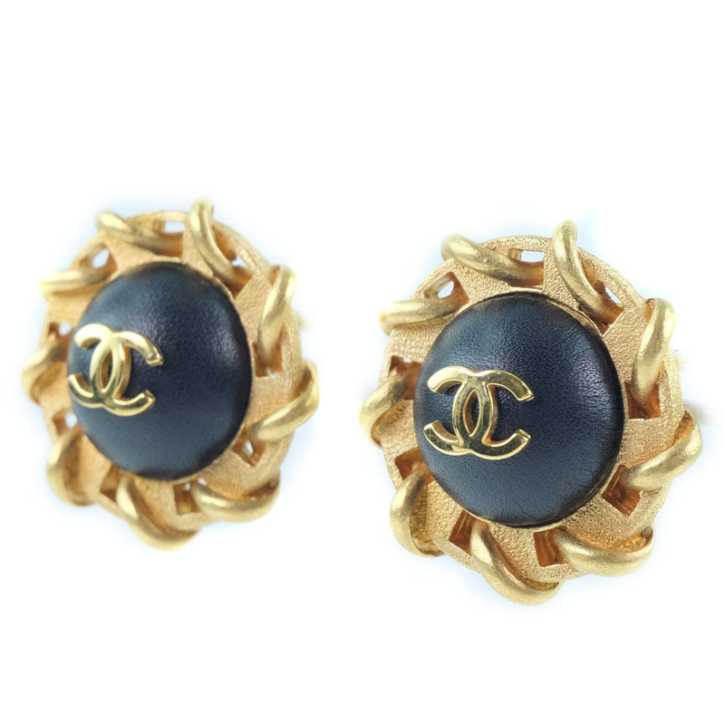 [CHANEL] Chanel COCO Mark Earring Plated Gold× Leather Gold 94P engraved about 24.1g COCO Mark Ladies A rank