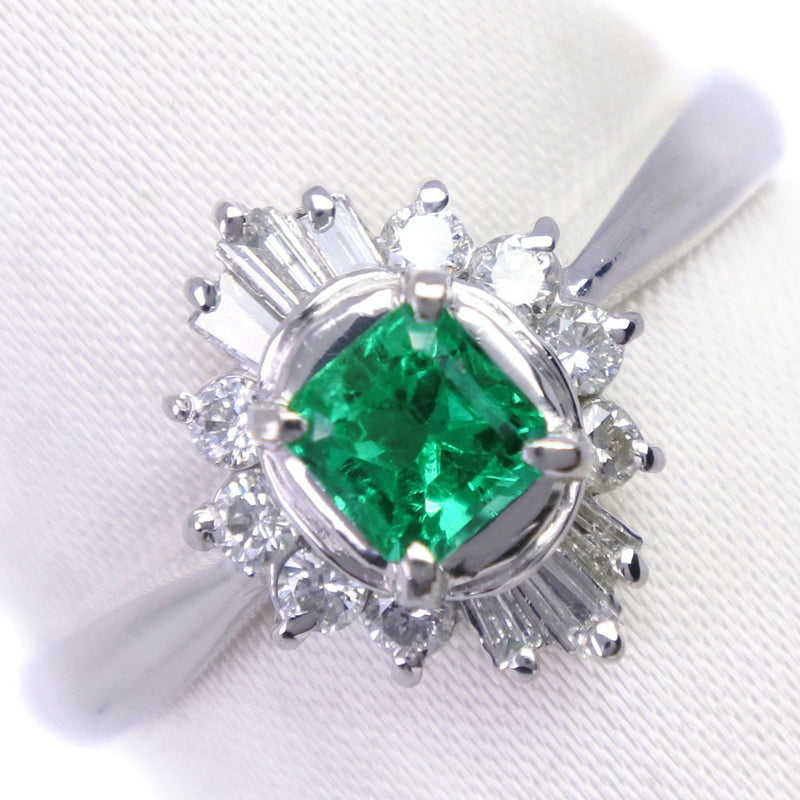 No. 15 Ring PT900 Platinum x Emerald x Diamond Green 0.39/0.28 Engraved Approximately 4.7g Men A-Rank