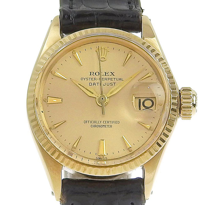 【ROLEX】ロレックス
 オイスターパーペチュアル 腕時計
 デイト cal.1130 6517 K18イエローゴールド×レザー 黒 自動巻き ゴールド文字盤 Oyster perpetual レディースA-ランク