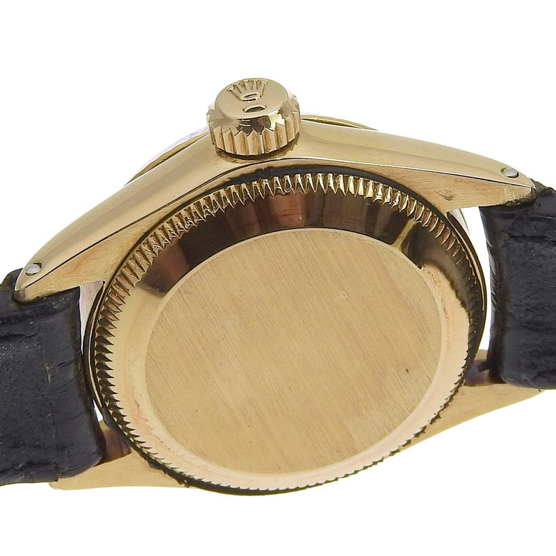【ROLEX】ロレックス
 オイスターパーペチュアル 腕時計
 デイト cal.1130 6517 K18イエローゴールド×レザー 黒 自動巻き ゴールド文字盤 Oyster perpetual レディースA-ランク