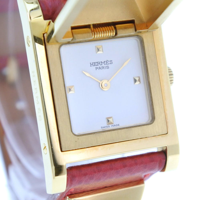 [Hermes] Hermes 
 Reloj Medor 
 Chapado de oro x cuero dorado 〇y mi cuarzo grabado dial de marcación blanca damas