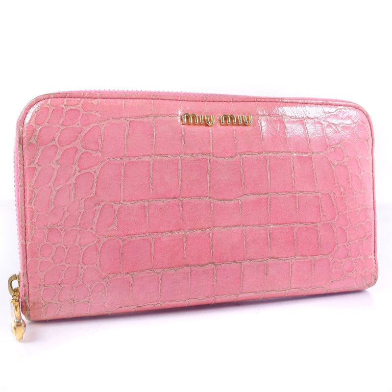 [Miumiu] miu miu rond filetage long portefeuille en cuir rose fixer zip autour des dames