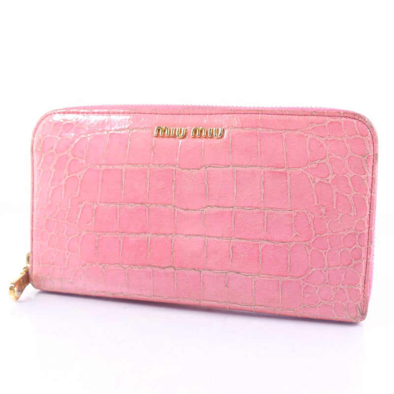 [Miumiu] miu miu rond filetage long portefeuille en cuir rose fixer zip autour des dames