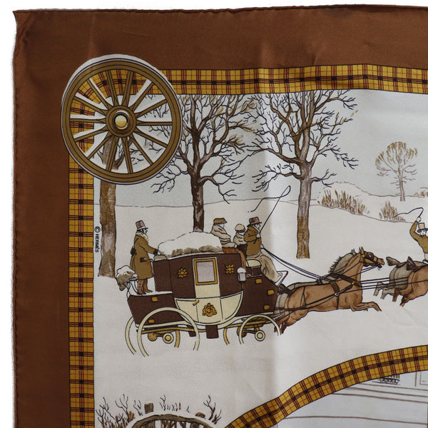 【HERMES】エルメス
 カレ90 スカーフ
 LHIVER EN POSTE 冬の郵便馬車 シルク 茶/白 Carre90 レディース