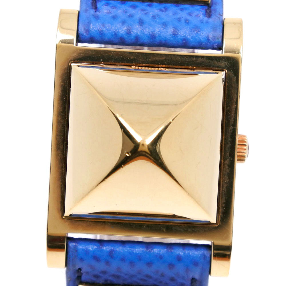 HERMES】エルメス メドール 腕時計 ME1.210 金メッキ×レザー 青 〇W  