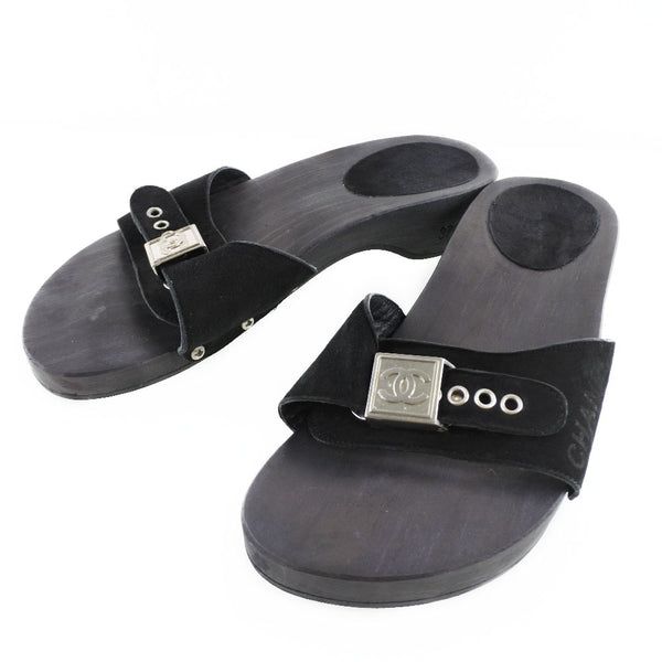 [샤넬] 샤넬 나무 단독 샌들 우드 X 스웨이드 검은 나무 단독 여성