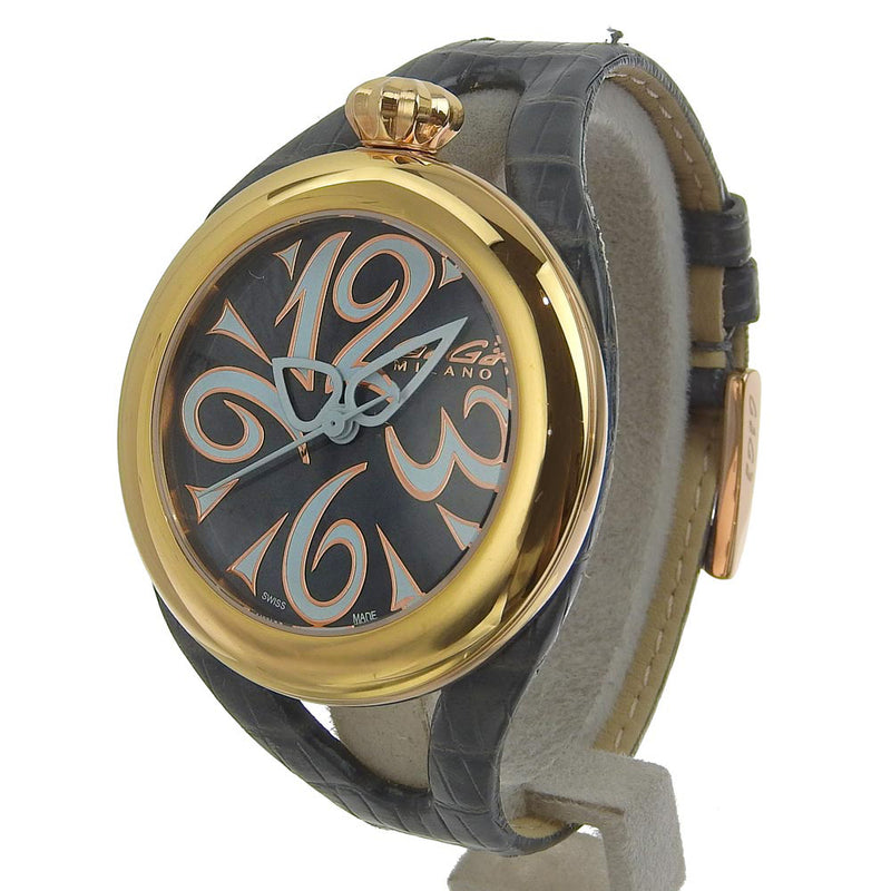 [Gaga Milano] Gaga Milán Flat 42 Reloj 6071 acero inoxidable x placas de oro x pantalla de cuarzo de cuero pantalla analógica dial de cáscara negra 42 unisex A-rank