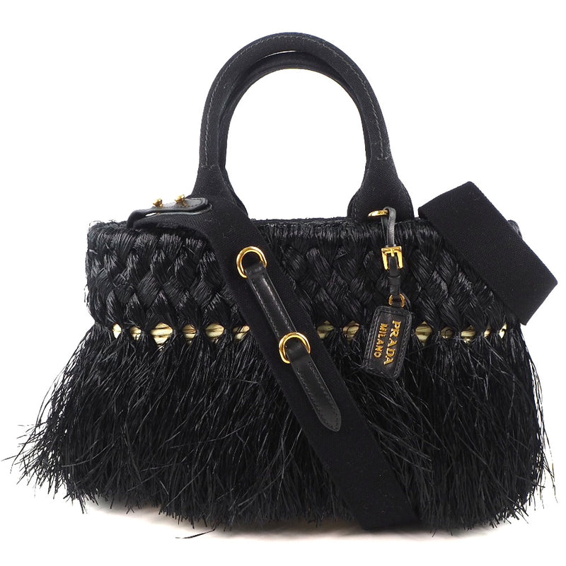 【PRADA】プラダ
 2WAYショルダー ショルダーバッグ
 カゴ 1BG089 ラフィア×キャンバス NERO 黒 斜め掛け 手提げ 2way ファスナー 2WAYShoulder レディースA-ランク