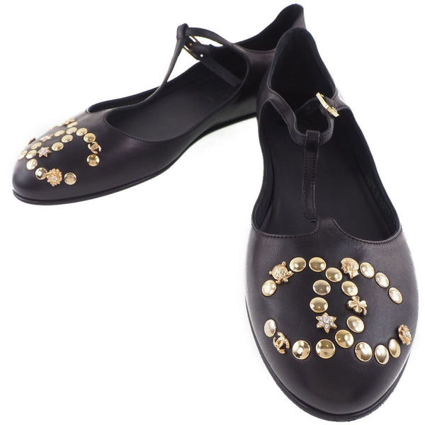 [CHANEL] Chanel 
 Coco Mark Ballet Shoes 
 Studs T Strap G25975 Leather Black COCO Mark Ladies S Rank