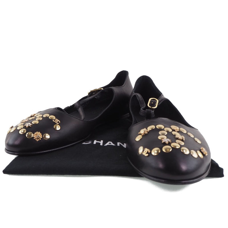 [CHANEL] Chanel 
 Coco Mark Ballet Shoes 
 Studs T Strap G25975 Leather Black COCO Mark Ladies S Rank