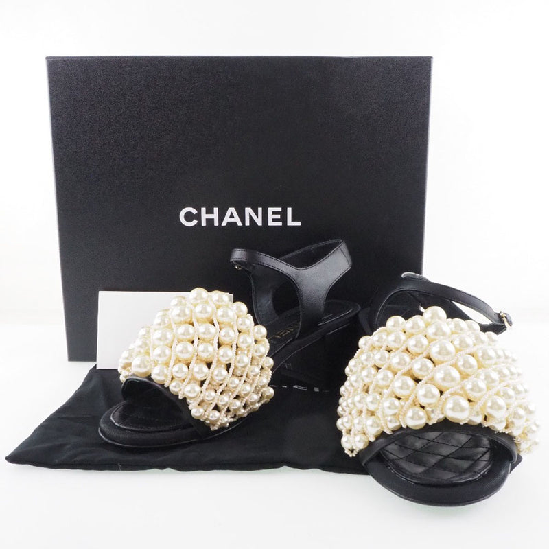 [Chanel] Chanel 
 Sandalias de rayas de tobillo 
 Coco Mark 2020SS G35919 Cuero x Fake Pearl Black Toble Stripe Ladies A+Rank