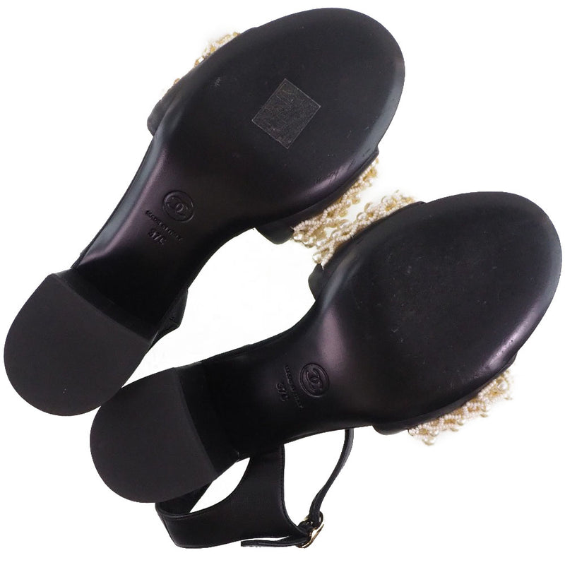 [香奈儿]香奈儿 
 脚踝条纹凉鞋 
 可可Mark 2020SS G35919皮革X假珍珠黑色踝条纹女士A+等级