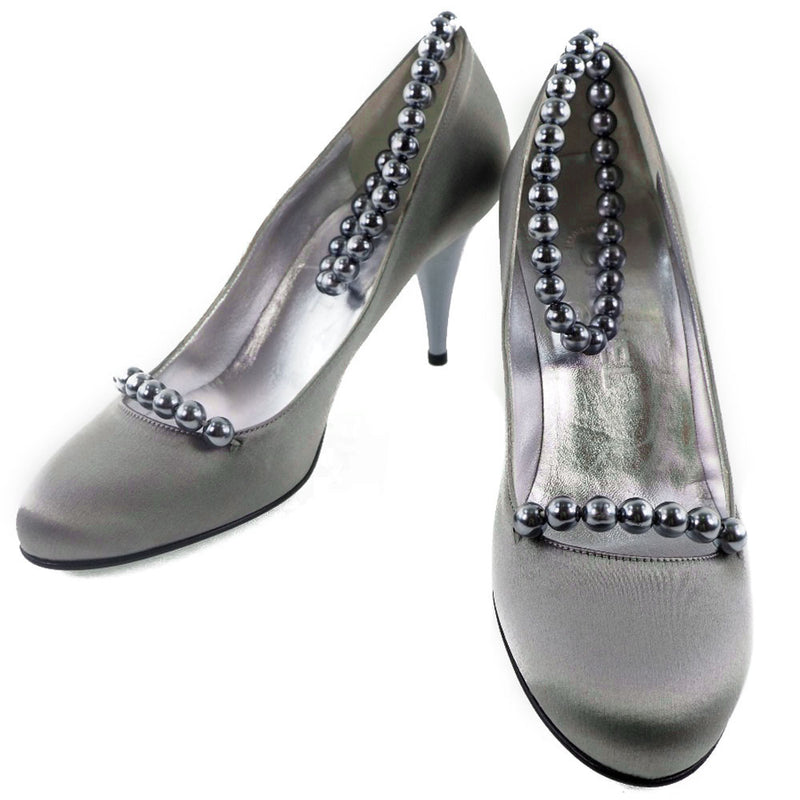 [CHANEL] Chanel 
 pumps 
 Ankle strap satin x fake pearl gray ladies A rank
