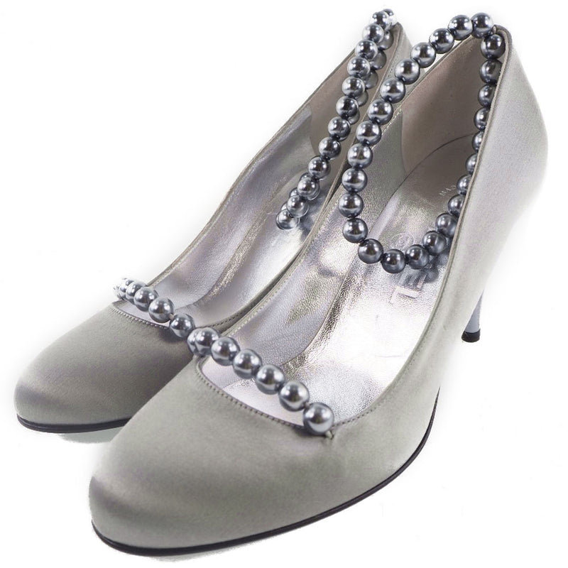 [CHANEL] Chanel 
 pumps 
 Ankle strap satin x fake pearl gray ladies A rank