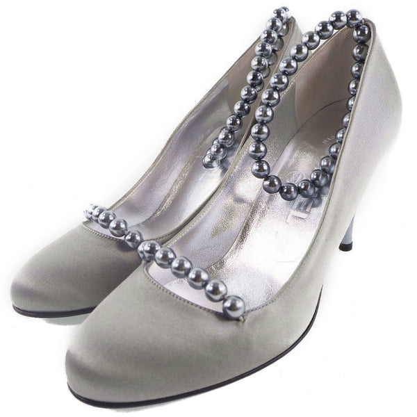 [CHANEL] Chanel 
 pumps 
 Ankle strap satin x fake pearl gray ladies A rank