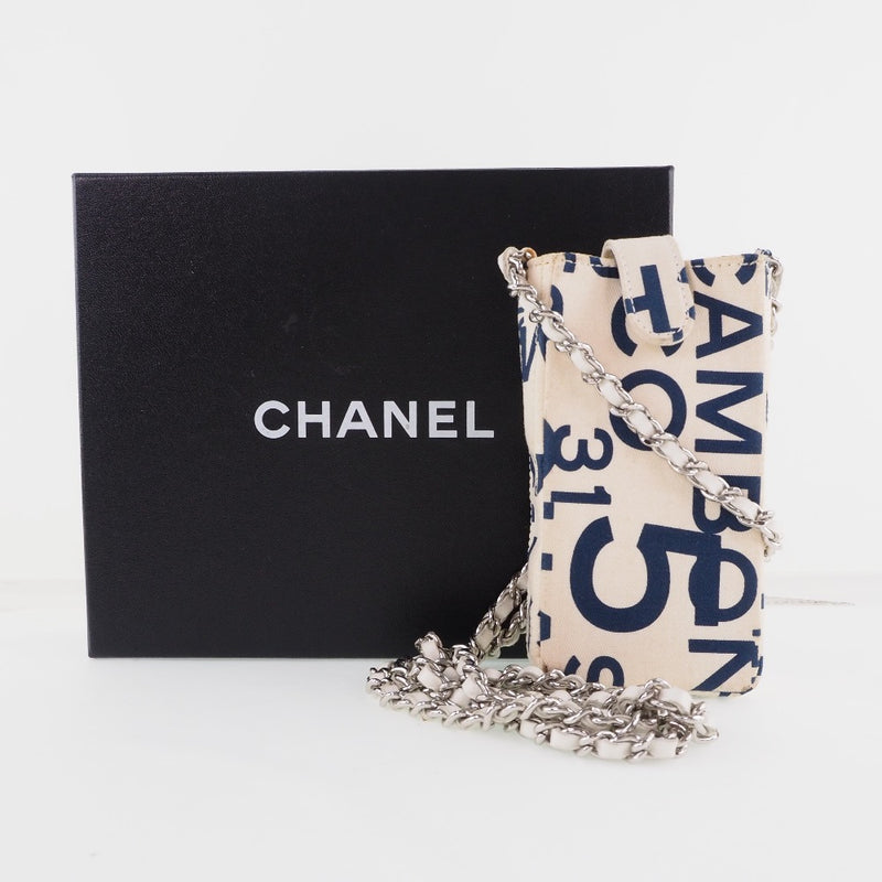 【CHANEL】シャネル
 チェーンポーチ ポーチ
 キャンバス 白/青 スナップボタン Chain pouch レディース