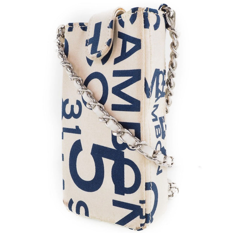 【CHANEL】シャネル
 チェーンポーチ ポーチ
 キャンバス 白/青 スナップボタン Chain pouch レディース