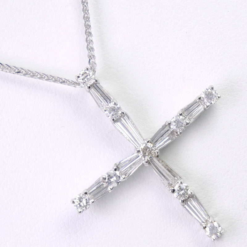 Collier croix K18 Gol d'or blanc x diamant 0,433 / 0,613 croix gravée d'environ 4,5 g croix dames un rang