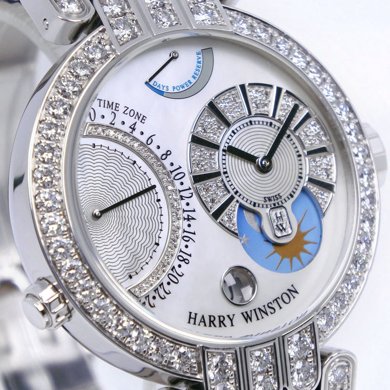 【HARRY WINSTON】ハリーウィンストン
 プルミエール エキセンター 腕時計
 タイムゾーン 200-MMTZ39W K18ホワイトゴールド×ダイヤモンド×レザー 手巻き アナログ表示 ホワイトシェル文字盤 Premiere Excenter メンズA+ランク