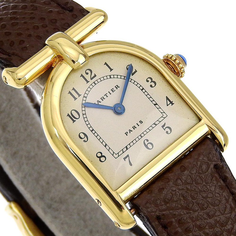 [Cartier] Cartier Calandre SM观看Vintage Cal.21 18K黄金x皮革手 - 彩色米色拨号calandre sm女士