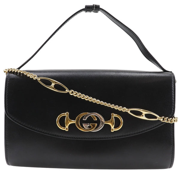 [GUCCI] Gucci Zung Handbag 3WAY ClutchShoulder Interlocking G Hausbit 572375 Calfskin Black diagonal hanging handbag 3WAY magnet type ZUMI Ladies A-Rank