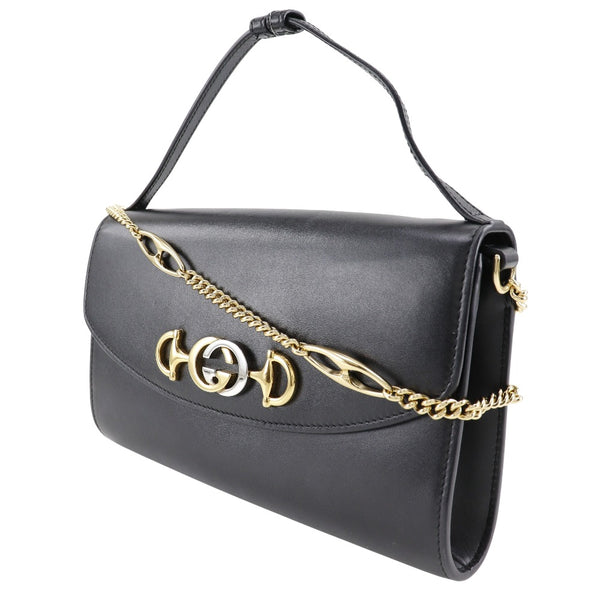 [GUCCI] Gucci Zung Handbag 3WAY ClutchShoulder Interlocking G Hausbit 572375 Calfskin Black diagonal hanging handbag 3WAY magnet type ZUMI Ladies A-Rank