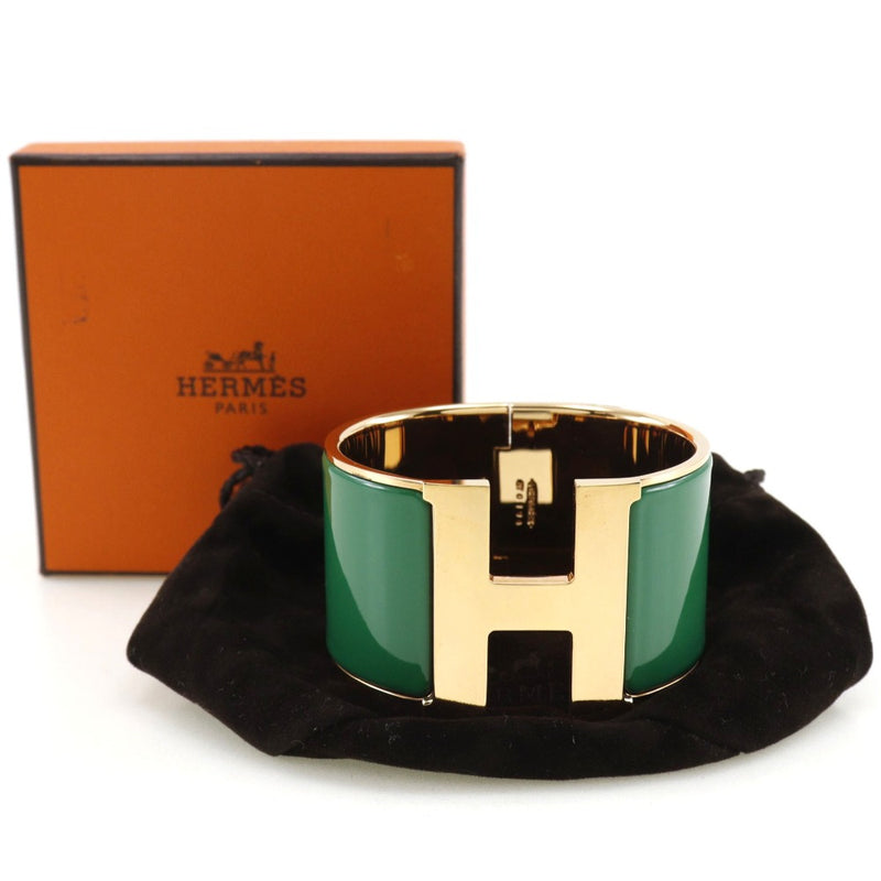 【HERMES】エルメス
 クリッククラックTGM バングル
 Hバングル 金メッキ 緑 約124g Click Clack TGM レディースAランク