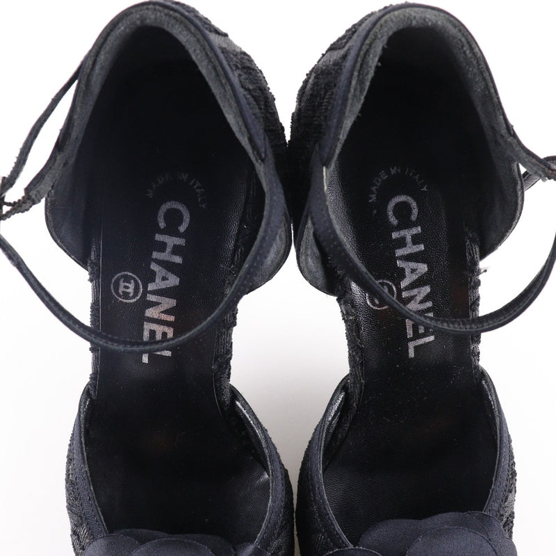 [Chanel] Chanel Camellia Sandals Ankrast Lap Satin Camelia Negra Damas