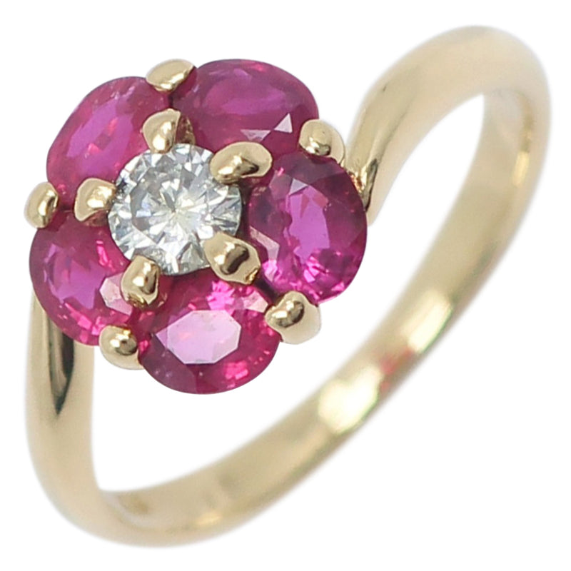 Flower No. 9 Ring 18KYellow Gold x Ruby x Diamond Rose Color 1.05/0.15 Engraved Flower Approximately 2.7g Flour Ladies A Rank