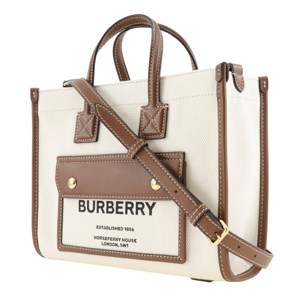 【BURBERRY】バーバリー
 ミニフレヤトート ハンドバッグ
 2WAYショルダー 8044143 キャンバス ナチュラル/タン オフホワイト 斜め掛け 手提げ 2way A5 オープン mini freya tote レディースA-ランク