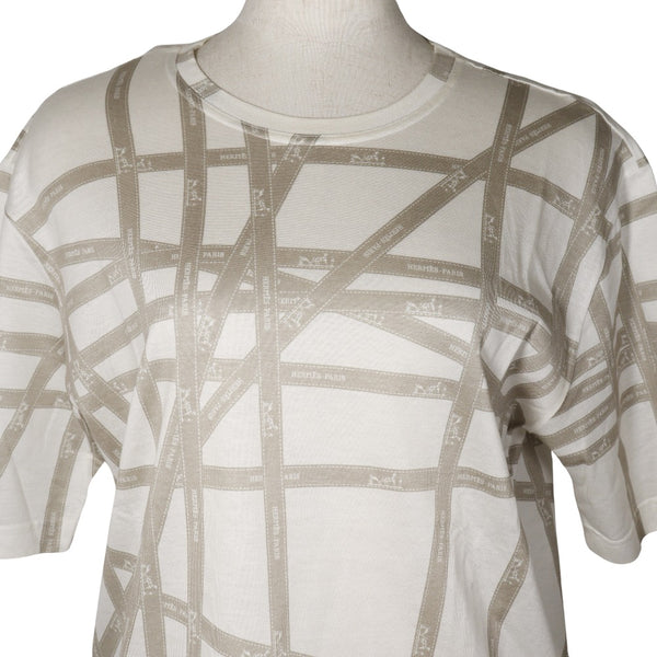 [HERMES] Hermes Bordeack Ribbon Short Sleeve T-shirt Cotton White/Beige Borduk Ribbon Ladies A-Rank