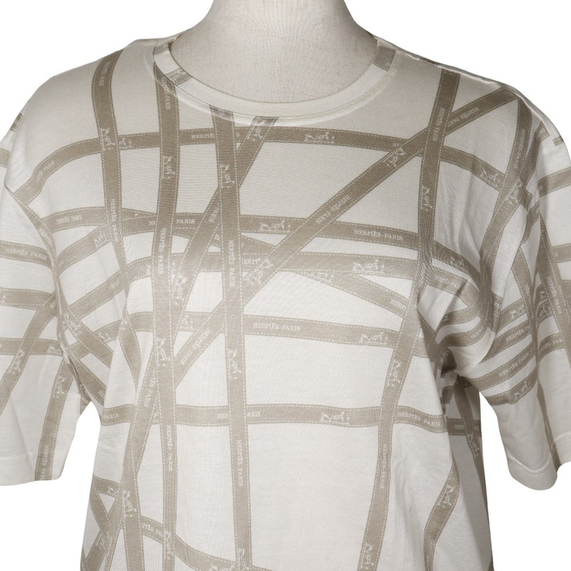 [Hermès] Hermes Bordeack Ribbon à manches courtes T-shirt Coton blanc / beige Borduk Ribbon Ladies A-Rank