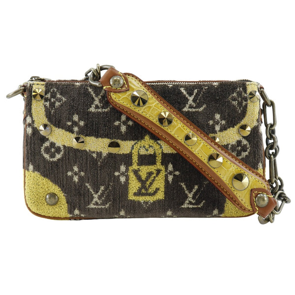 【LOUIS VUITTON】ルイ・ヴィトン
 トロンプイユ ポシェットアクセソワール ショルダーバッグ
 スタッズ アクセサリーポーチ M92710 ベルベット×クロコダイル 茶 SL1004刻印 肩掛け ファスナー Trompeille Pochette Accessories レディースAランク