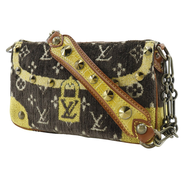 【LOUIS VUITTON】ルイ・ヴィトン
 トロンプイユ ポシェットアクセソワール ショルダーバッグ
 スタッズ アクセサリーポーチ M92710 ベルベット×クロコダイル 茶 SL1004刻印 肩掛け ファスナー Trompeille Pochette Accessories レディースAランク