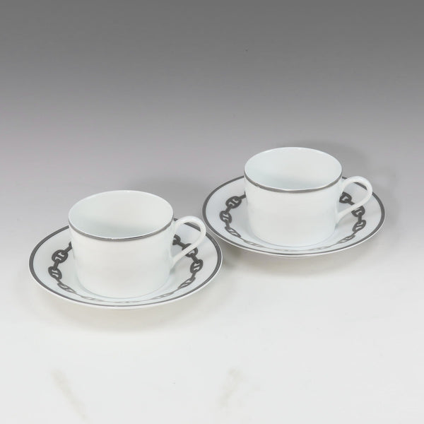 [HERMES] Hermes 
 Chaine d’Ancre Silver Tableware 
 Cup & Saucer x 2 Porcelain CHAINE D'ANCRE SILVER_A Rank